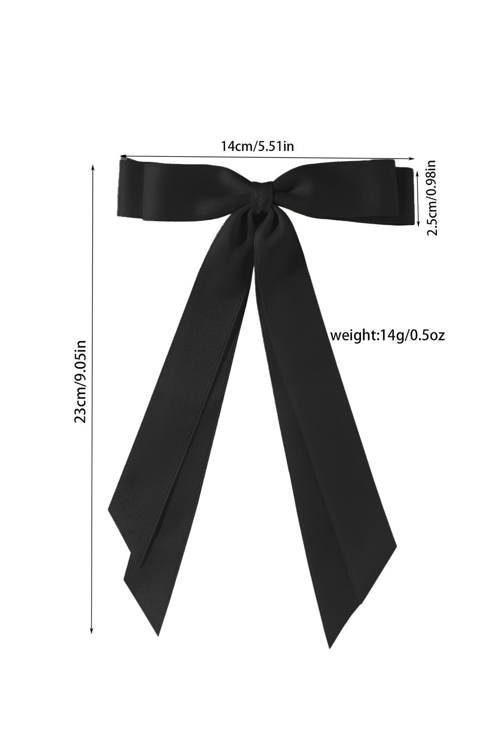 Black satin ribbon with measurements on a white background