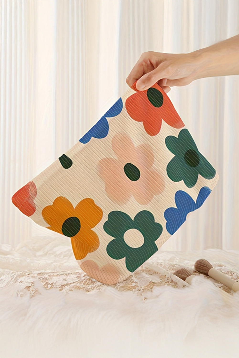White Floral Print Corduroy  Storage Bag