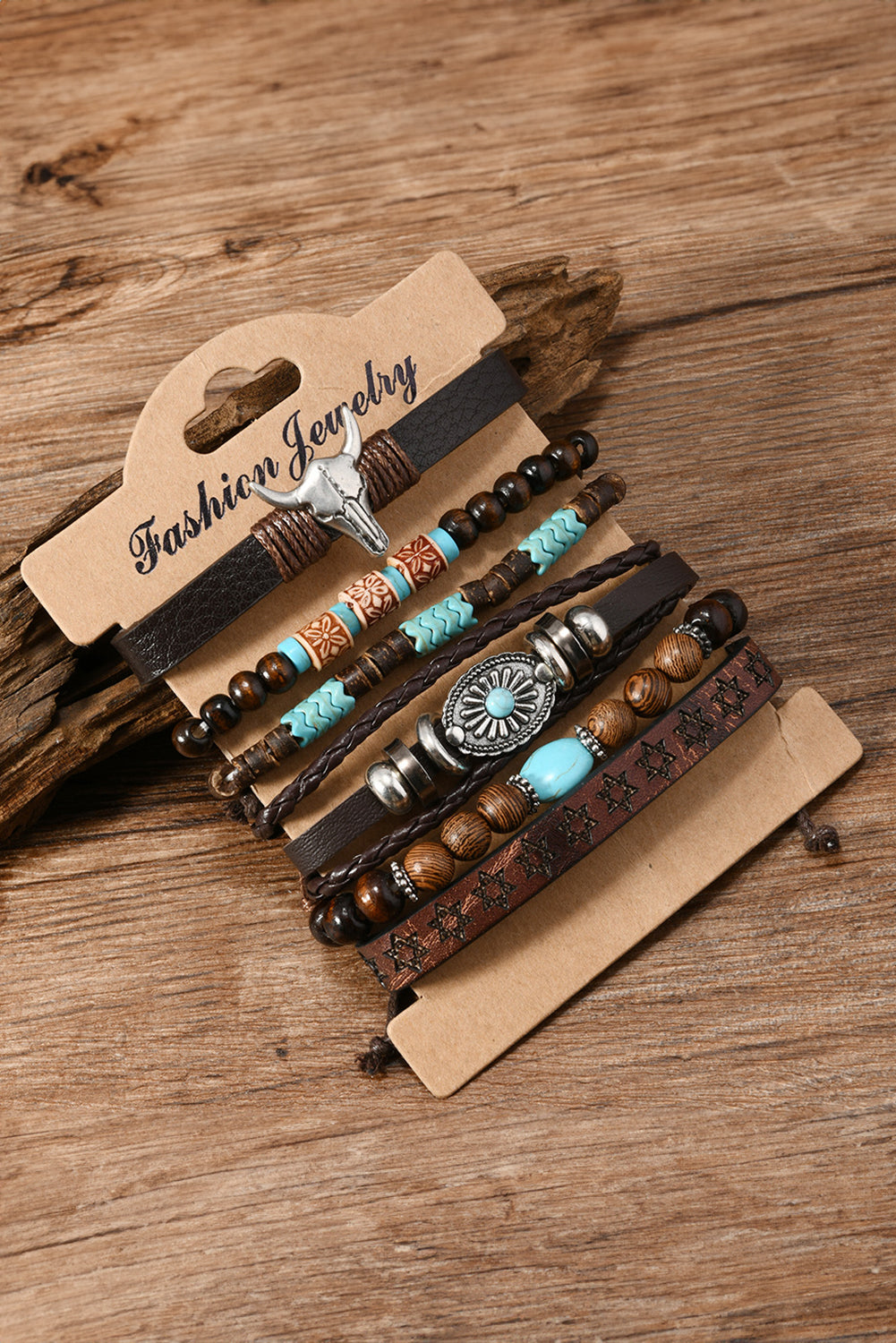 Set of beaded bracelets on a wooden surface with 'Fashion Jewelry' label.