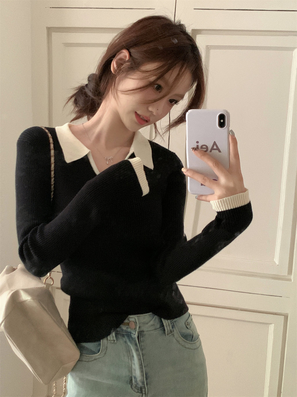 High-End Polo Collar Ribbed Knit Top