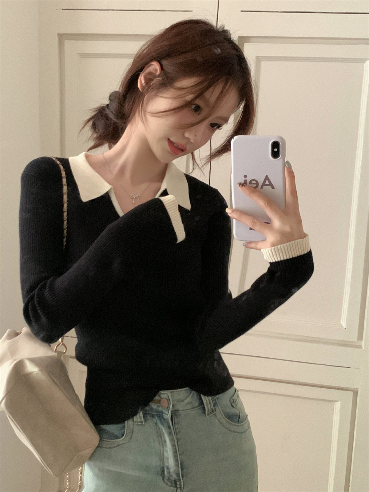 High-End Polo Collar Ribbed Knit Top