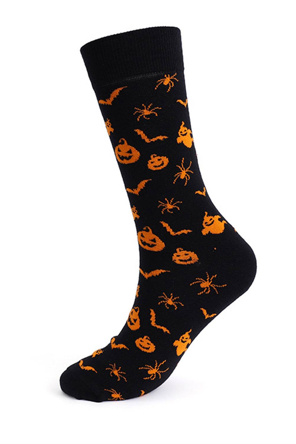 Black sock with orange Halloween patterns on a white background
