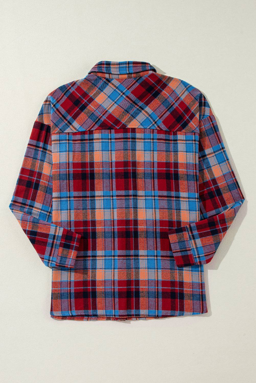 Plaid shirt with red, blue, and orange pattern  