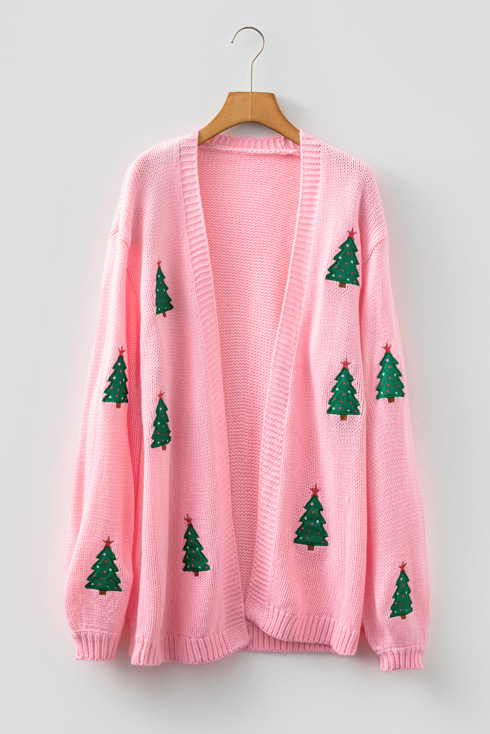 Christmas Tree Print Open Front Drop Shoulder Midi Cardigan