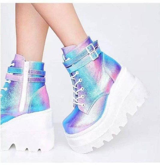 Colorful platform boots with a white sole on a light gray background