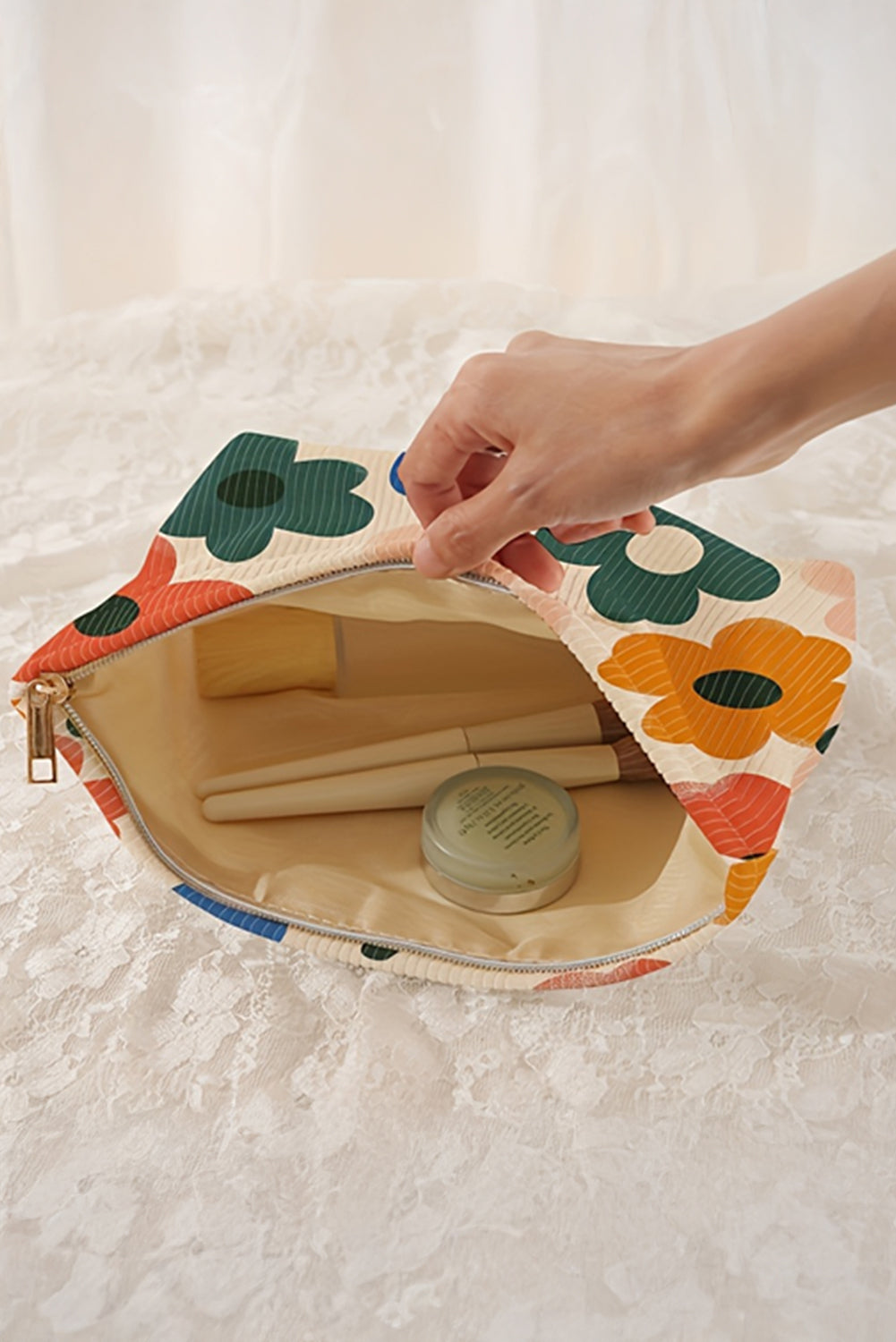 White Floral Print Corduroy  Storage Bag