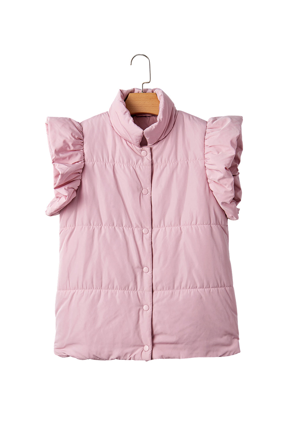 Pink puffer vest with ruffled collar on a white background