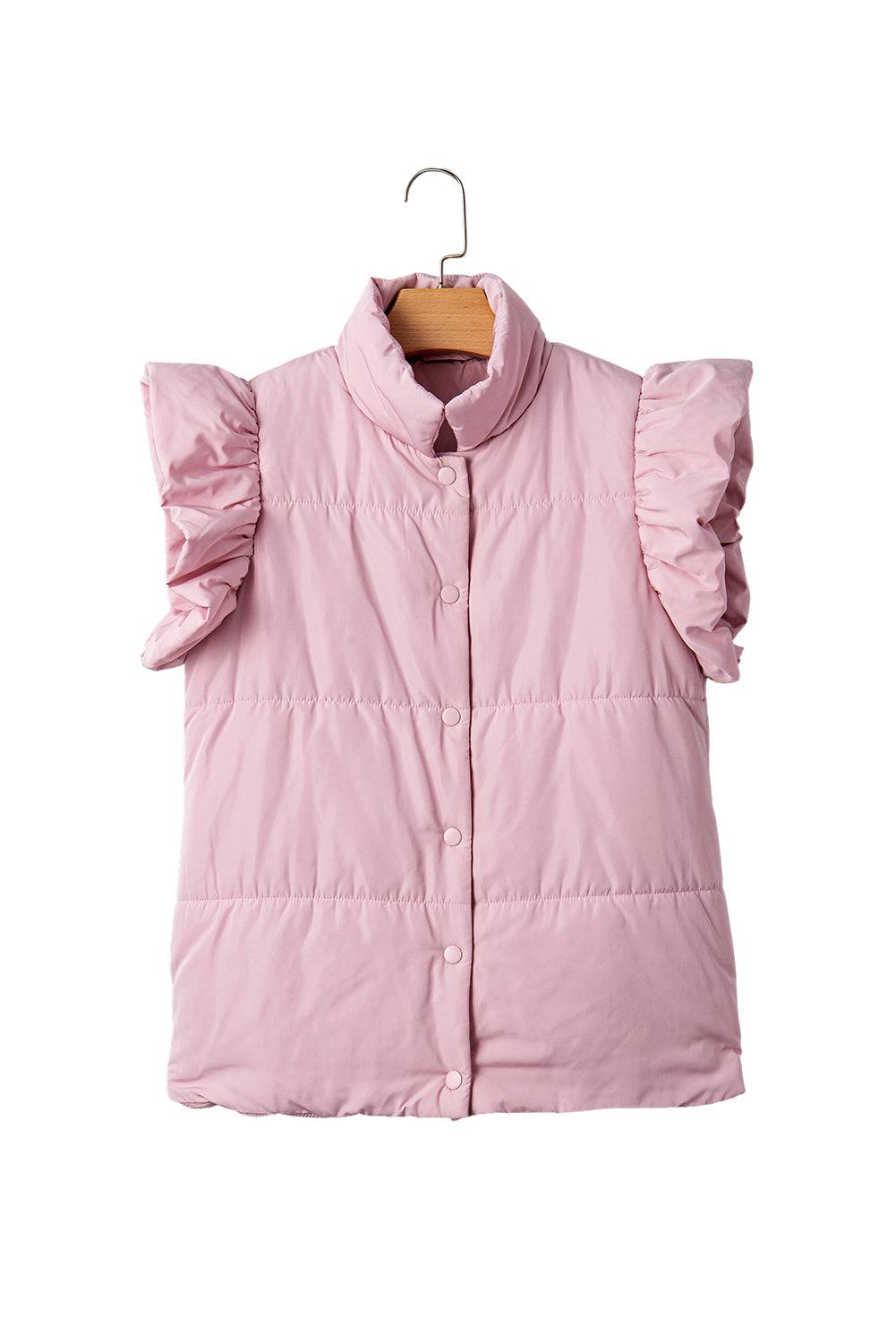 Pink puffer vest with ruffled collar on a white background